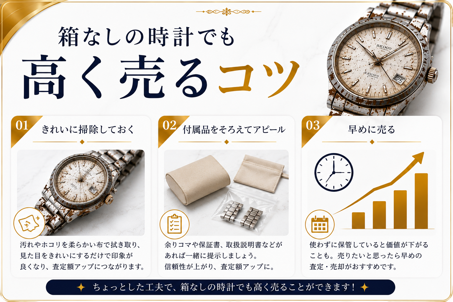 箱なしの時計でも買取できる？査定額への影響と高く売るコツを解説