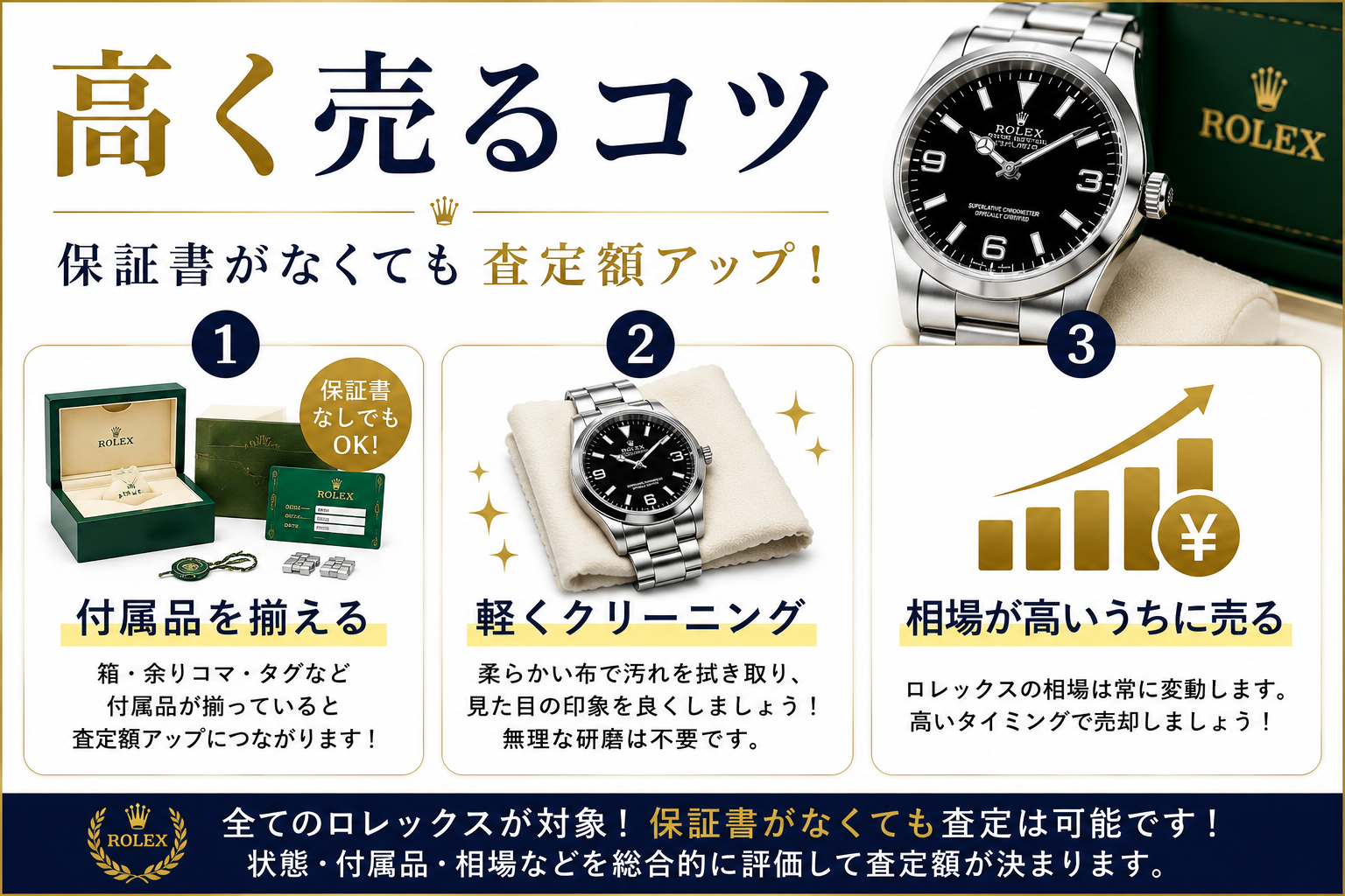 ロレックスは保証書なしでも買取できる？査定額への影響や高く売るコツを解説