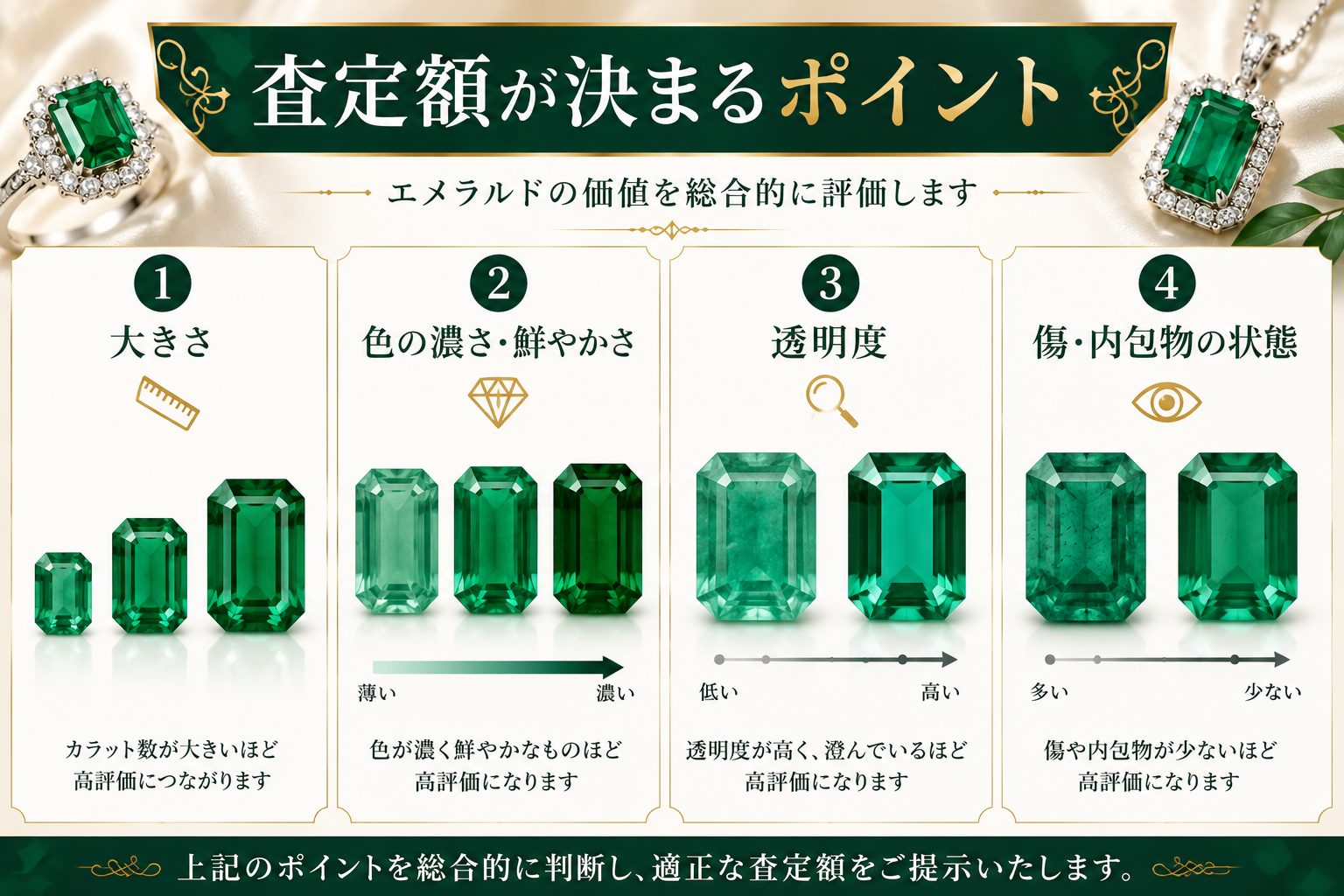 エメラルドの買取相場は?査定額が決まるポイントと高価買取のコツを解説