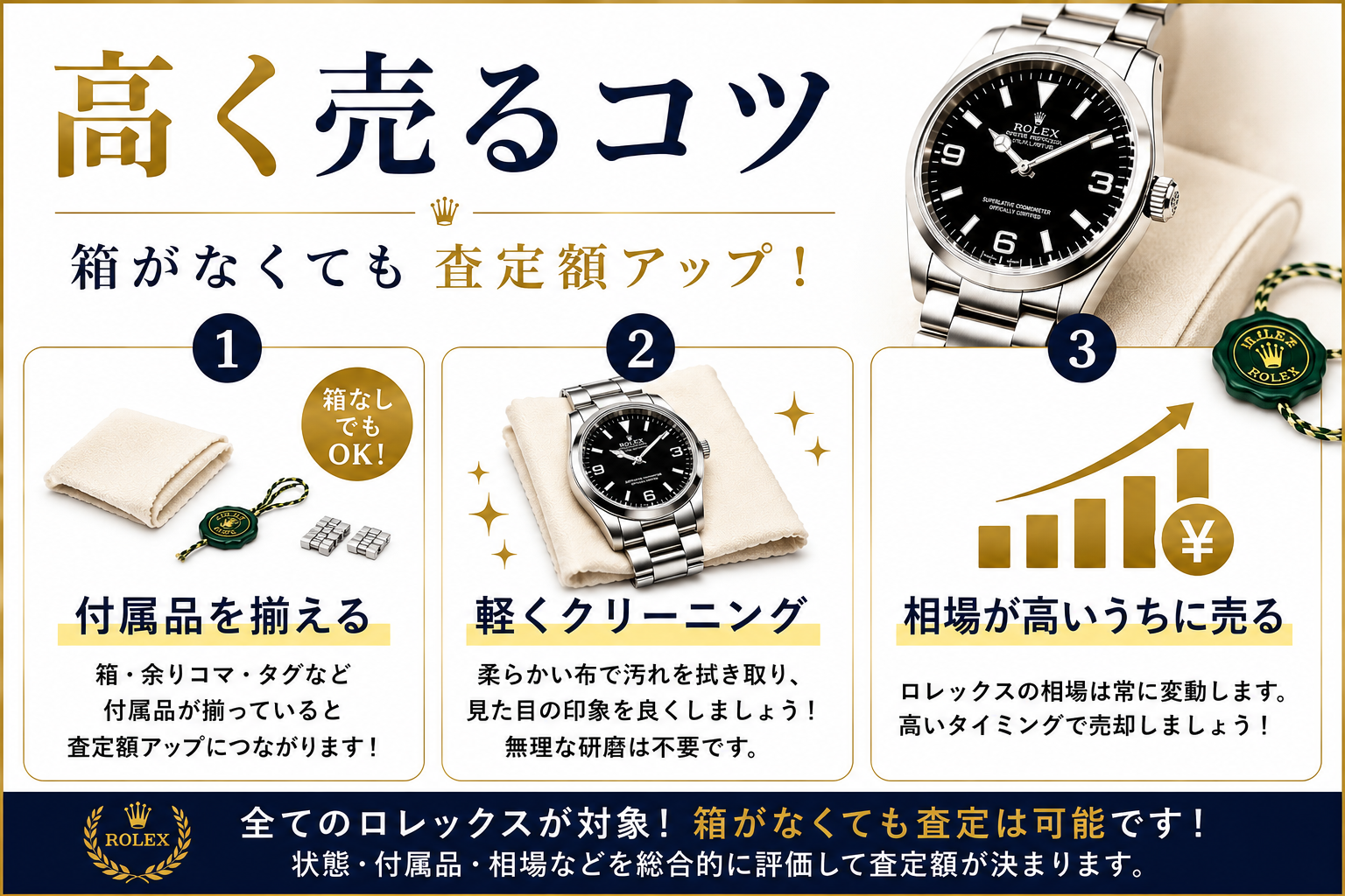 ロレックスは箱なしでも買取できる？査定額への影響や高く売るコツを解説