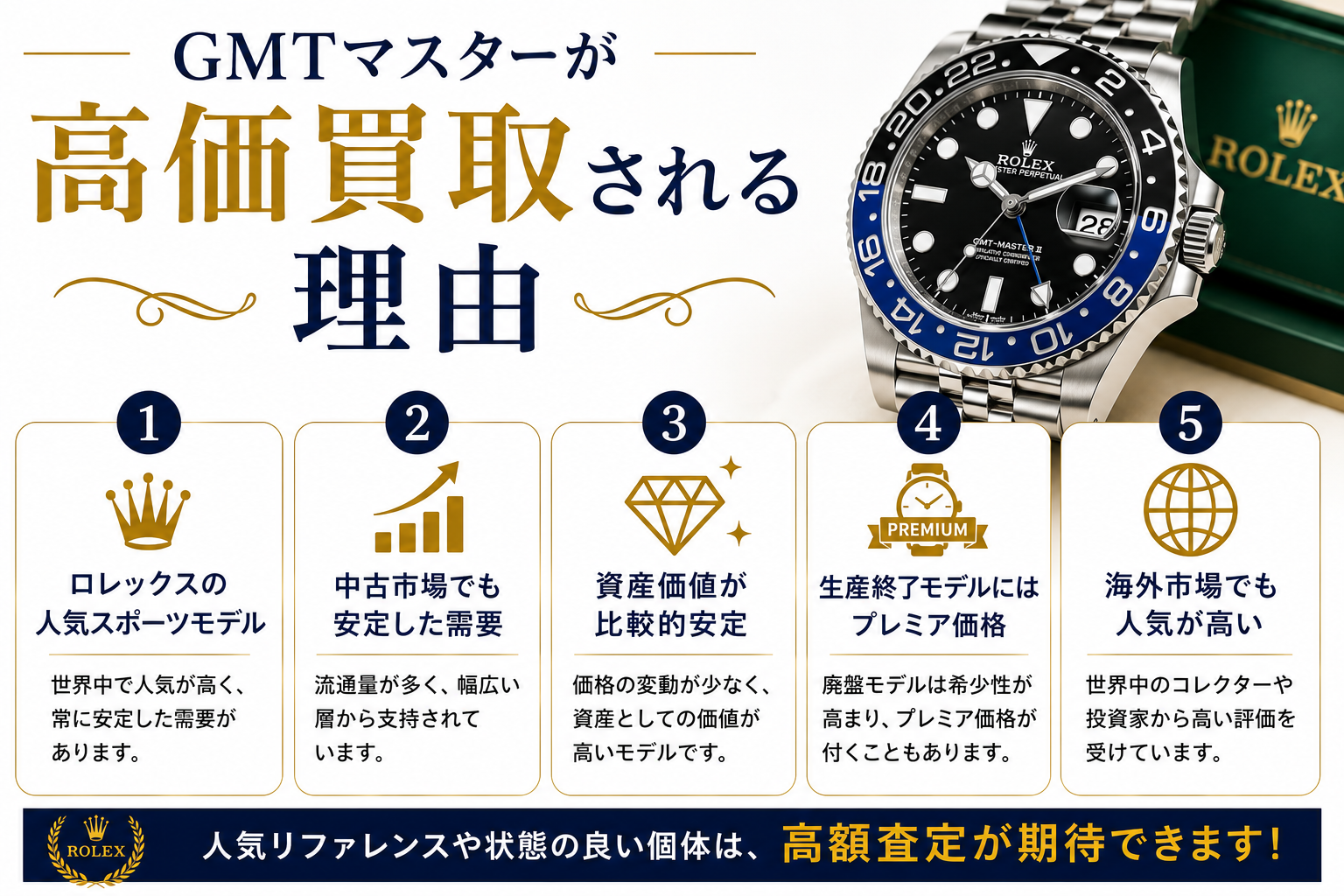 ロレックス GMTマスターの買取相場は？高価買取のポイントや査定額アップのコツを解説